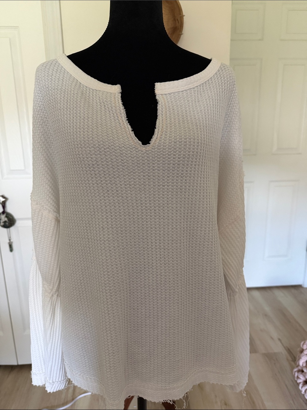 We The Free Free People Cream Waffle Knit Long Sleeve Top